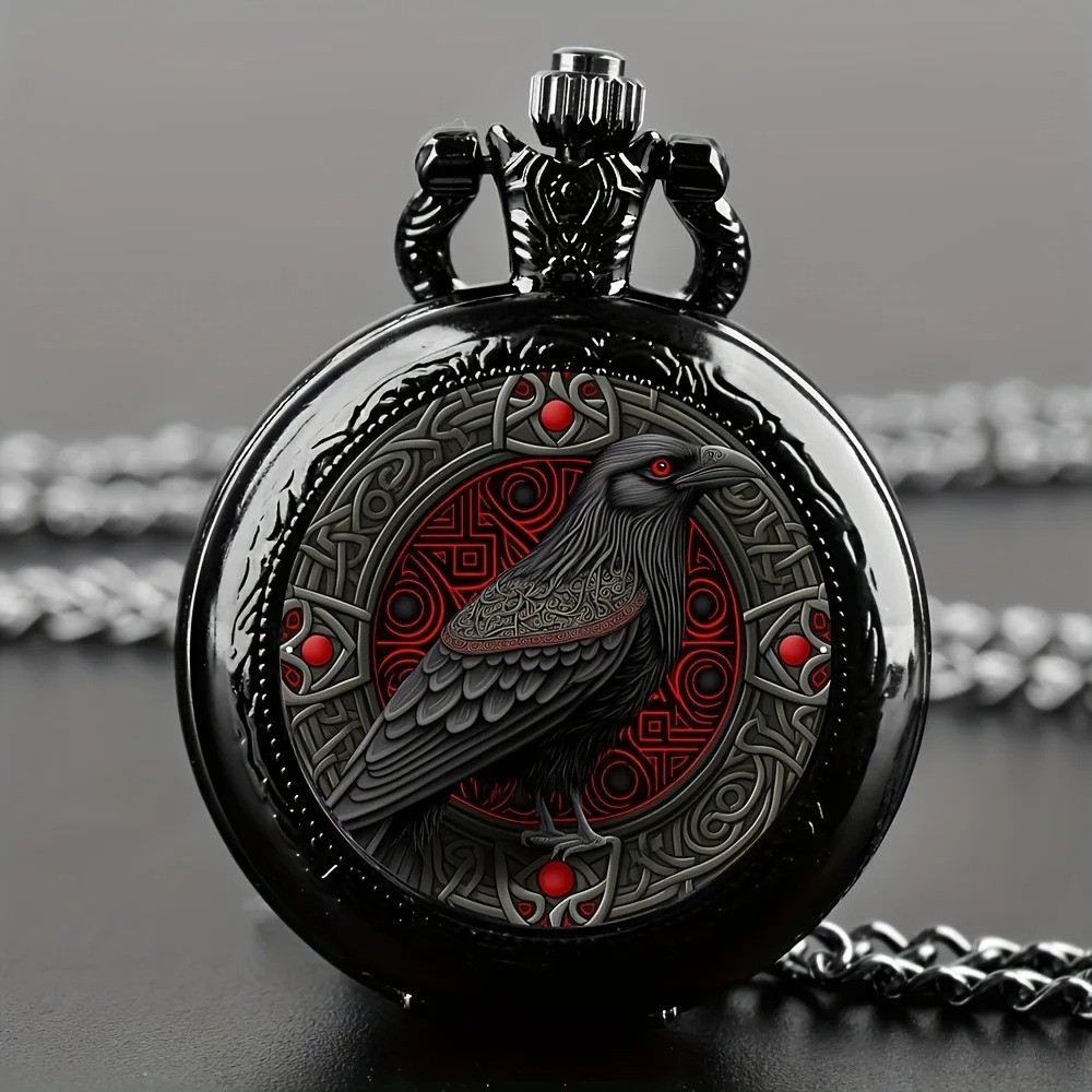 “Gothic Black Raven Pocket Watch Necklace – Quartz Alloy Case Watch”