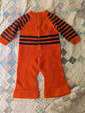 Vintage Orange Knit Bell Bottom Jumpsuit w/ Blue Striped Sleeves, Infant 6 Month