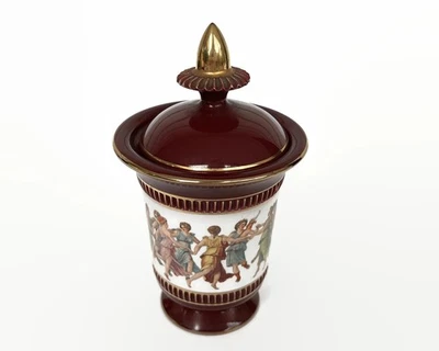 VINTAGE FLORENTINE LIDDED JAR WITH DANCING FIGURES IN CLASSICAL ROBES MADE ITALY - image 1 of 4
