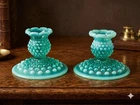 RARE - Vintage Fenton Hobnail Emerald/Green Glass Candlestick Holders - Set of 2