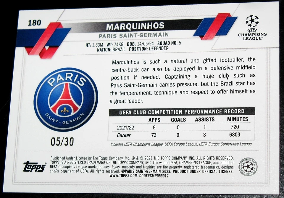 2022-23 Topps UEFA Club 1st Edition Marquinhos Purple Foil JERSEY # 05/30 2023 - Image 2 of 2