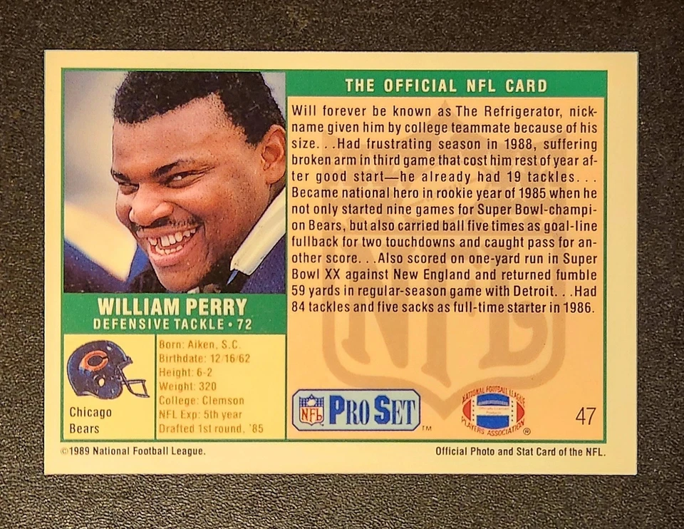 1989 Pro Set Football - WILLIAM PERRY #47 Error Card Short Print - Chicago Bears - Image 2 of 3