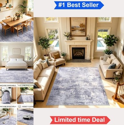 10x12 Area Rug Low Pile Washable Non Slip Stain Resistant Abstract Light Gray