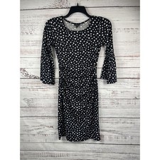 Talbots Dress Women's XS Black White Dot Ruched Bell Sleeve Stretch Midi