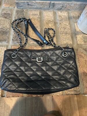 DKNY 100% Leather Chain Straps Shoulder / Crossbody Bag Quilted Metallic Gray