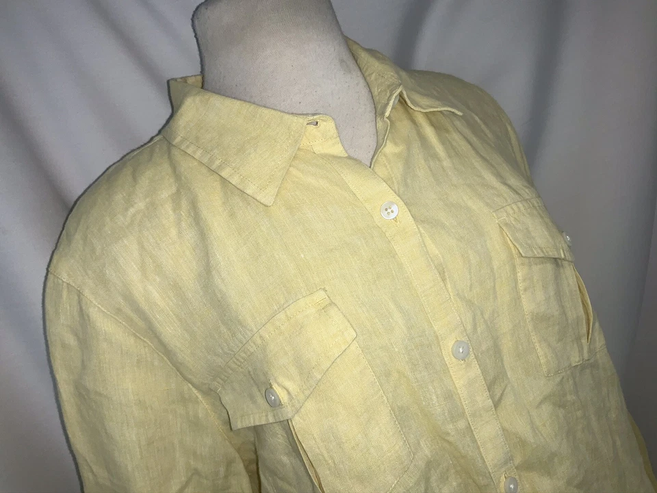 L.L. Bean Button Shirt XL Women Yellow 100% Linen 2 Pocket India Mint YGI RE2305 - Image 3 of 4