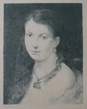 Fine Antique Beautiful Female Portrait Art Etching Print On Paper