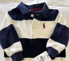 Ralph Lauren Baby Boy Rugby Overall Plush Velour Blue  White One Piece 6 or 9 m