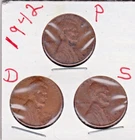 1942 P, D, and S Lincoln cents in VERY GOOD AND BETTER condition ~ STOCK PHOTO