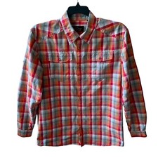 Orvis Men s Medium Fishing Shirt Trout Bum Polyester Long Sleeves Orange Plaid