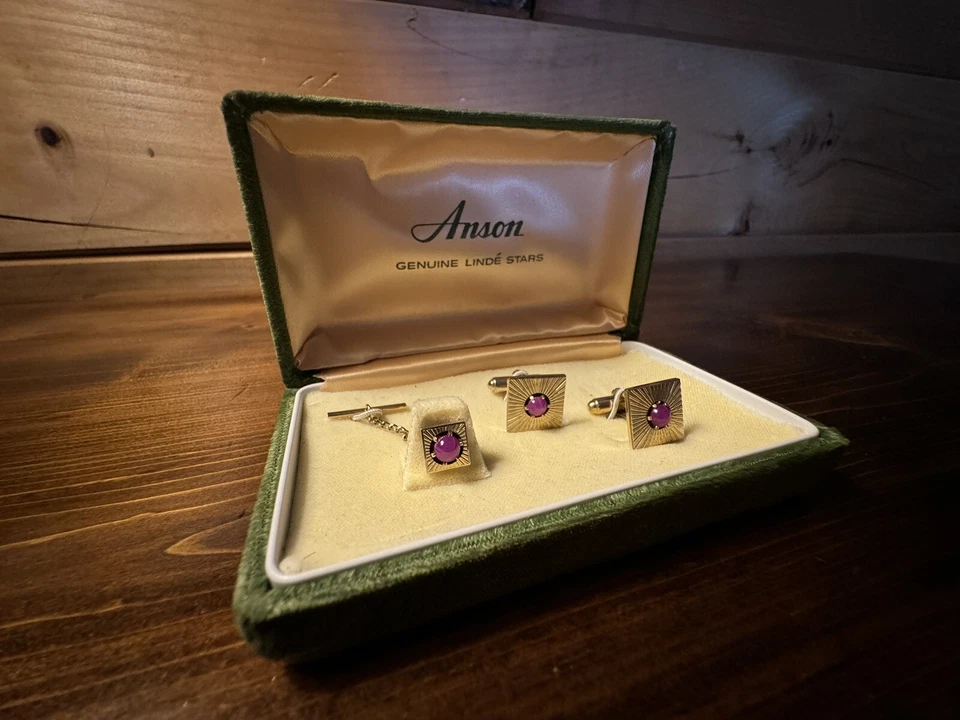 Vintage Anson Genuíno Linde' Estrelas Safira Tie Tac & Cuff Link Conjunto Anos 50 Anos 60 Raro - Imagem 2 de 4