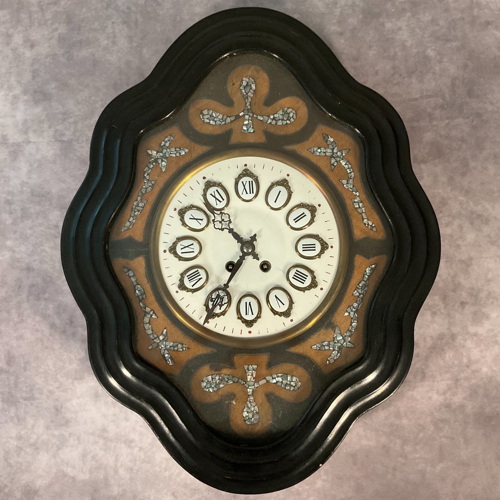 Antique 19th C. French Napoleon III Mother of Pearl Inlay & Enamel Wall Clock