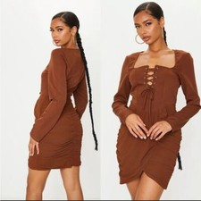 PRETTYLITTLETHING Lace Up Front Detail Long Sleeve Bodycon Dress