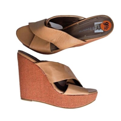 BCBG Wedge Sandals Women 9.5 Tan Orange Platform Strappy Heels Boho Chic Summer