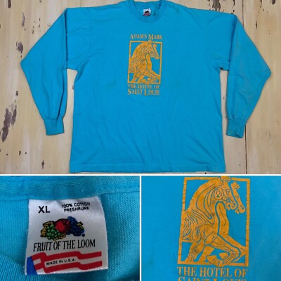 ADAMS MARK HOTEL ST LOUIS - Vtg 80s FOTL Light Blue L/S MO T-Shirt, Mens XL