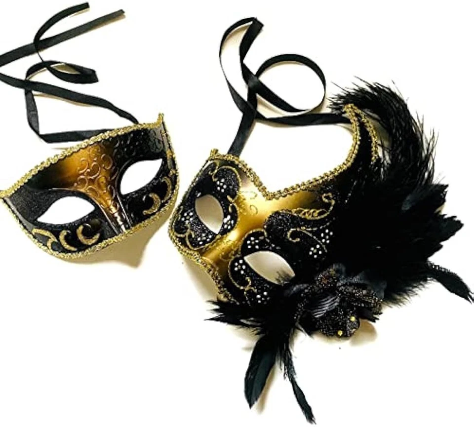 Couples Masquerade Ball Mask Pair Feather Mardi Gras Party Prom Valentines Gift - Image 3 of 4