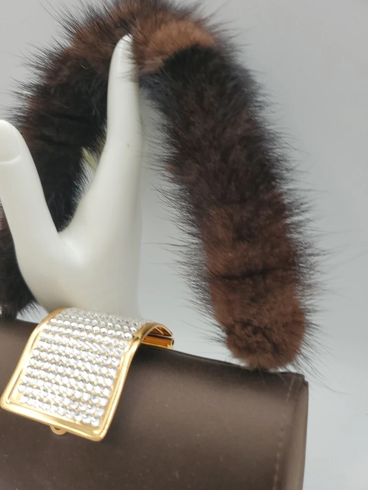 Designer Mitchie's Women's Brown Gold Crystal Clutch Purse Fur Handle - Image 3 of 4