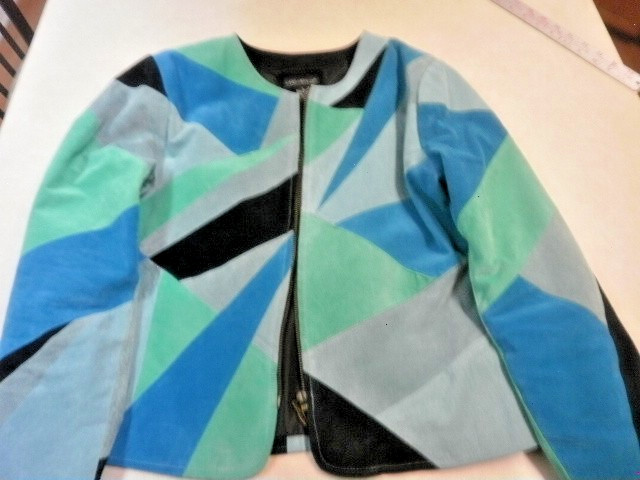 Karen Arnold Blue Green Patchwork 100% Leather Zip Up Jacket size large
