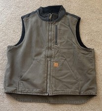 Carhartt Vest Mens XL Green Canvas Sherpa Fleece Lined Full Zip V33 239