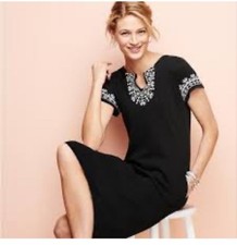 Talbots Size M Black Shift Dress Boho Embroidery Accents Coastal Nautical