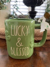 RAE DUNN  LUCKY & BLESSED Green Mug St. Patrick’s Day Raised Clovers NWT