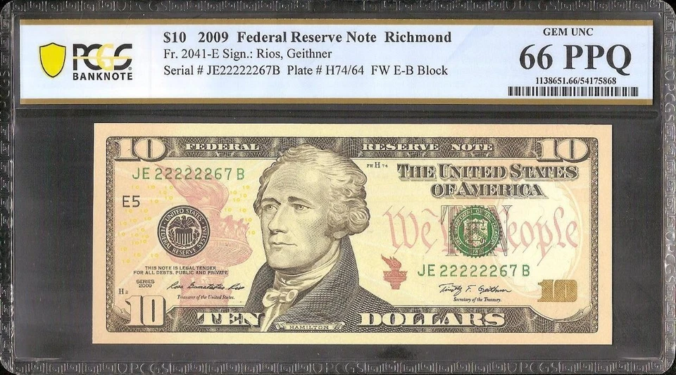 2009 $10 BILL 222222 NEAR SOLID NUMBER FEDERAL RESERVE NOTE PCGS 66 PPQ - Image 2 of 3