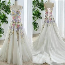 3D Flower Lace Wedding Dresses A-line Elegant A Line Dresses V-Neck Sweep Train