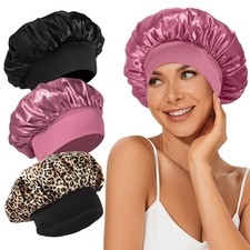 3Pcs Satin Bonnet Silk Bonnet, Hair Bonnet for Sleeping, Elastic Wide Band Silk