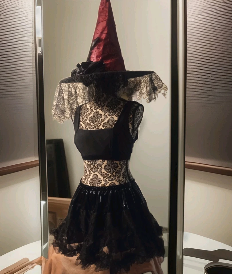Halloween Costume Sexy Witch SZ. S/M Red hat W blk Rose Spider Web & Feather - Image 2 of 4