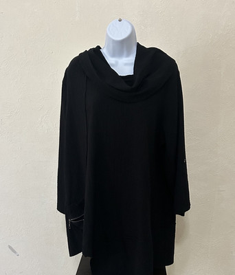 Ali Miles Cowl Neck Tunic Size Large Black 3/4 Sleeves Asymmetric Roll Tab