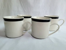 Set of 4 White Stoneware Mugs Cups with Black Bands - 8 oz - Essential Home