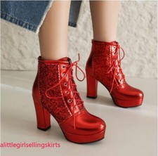 Sequin Women's Platform Ankle Boots Chunky Heel Shoes Lace Up Round Toe Fashion