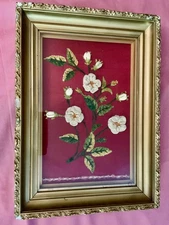 Victorian shadow box red wool background chenille embroidery flowers c 1880