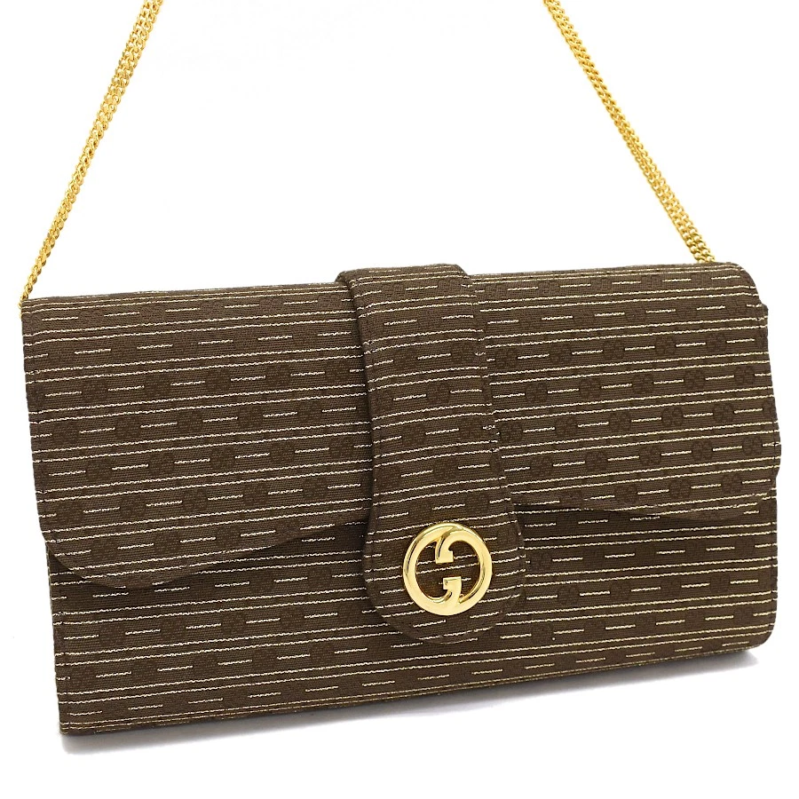 Almost Unused Gucci Chain Shoulder Bag GG Logo Jacquard Canvas Brown Vintage O