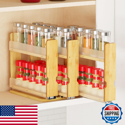 SpaceAid Bamboo Pull Out Spice Rack Organizer for Cabinet, 7.6''W, 3 Drawers, 2-T