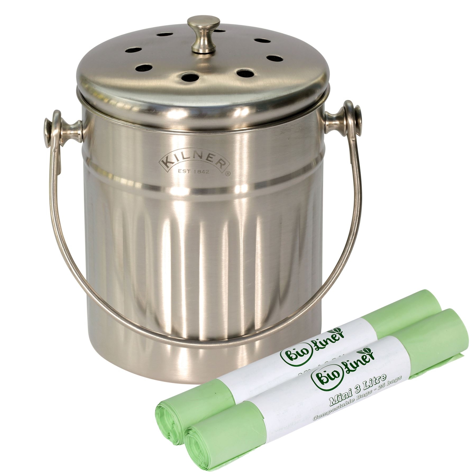 Kilner 2 Litre Stainless Steel Compost Caddy & 50 x 3L Compostable Bags