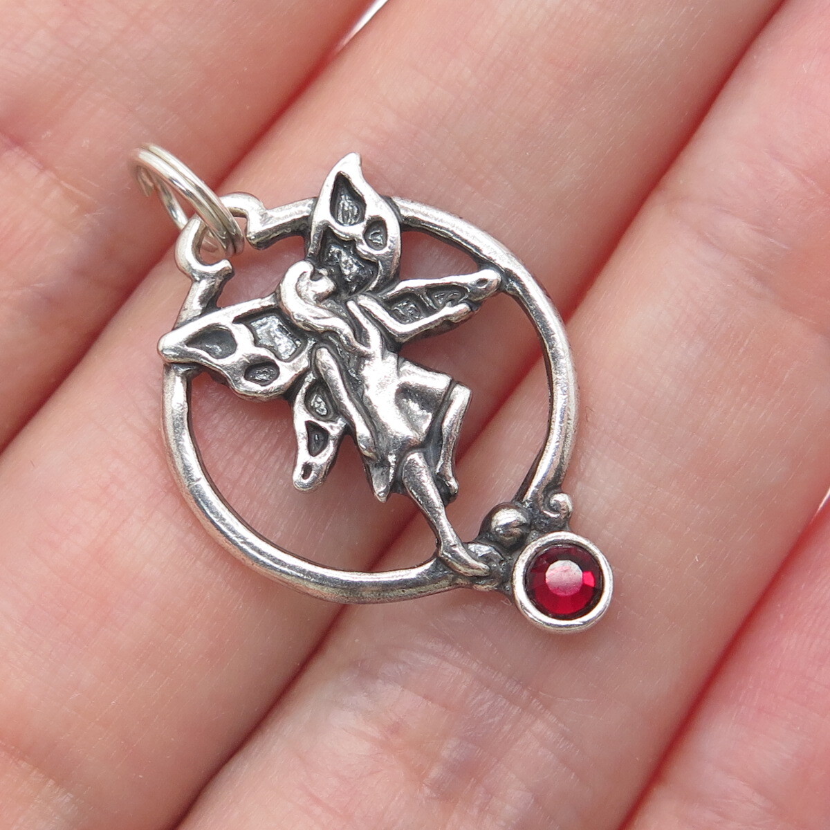 SHUBE 925 Sterling Silver Vintage Red Rhinestone Fairy Oxidized - Main Image