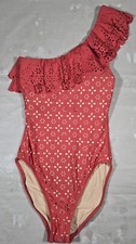 J.Crew One-Shoulder One-Piece Swimsuit Sz 4 Laser-Cut Eyelet Scalloped Ruffle