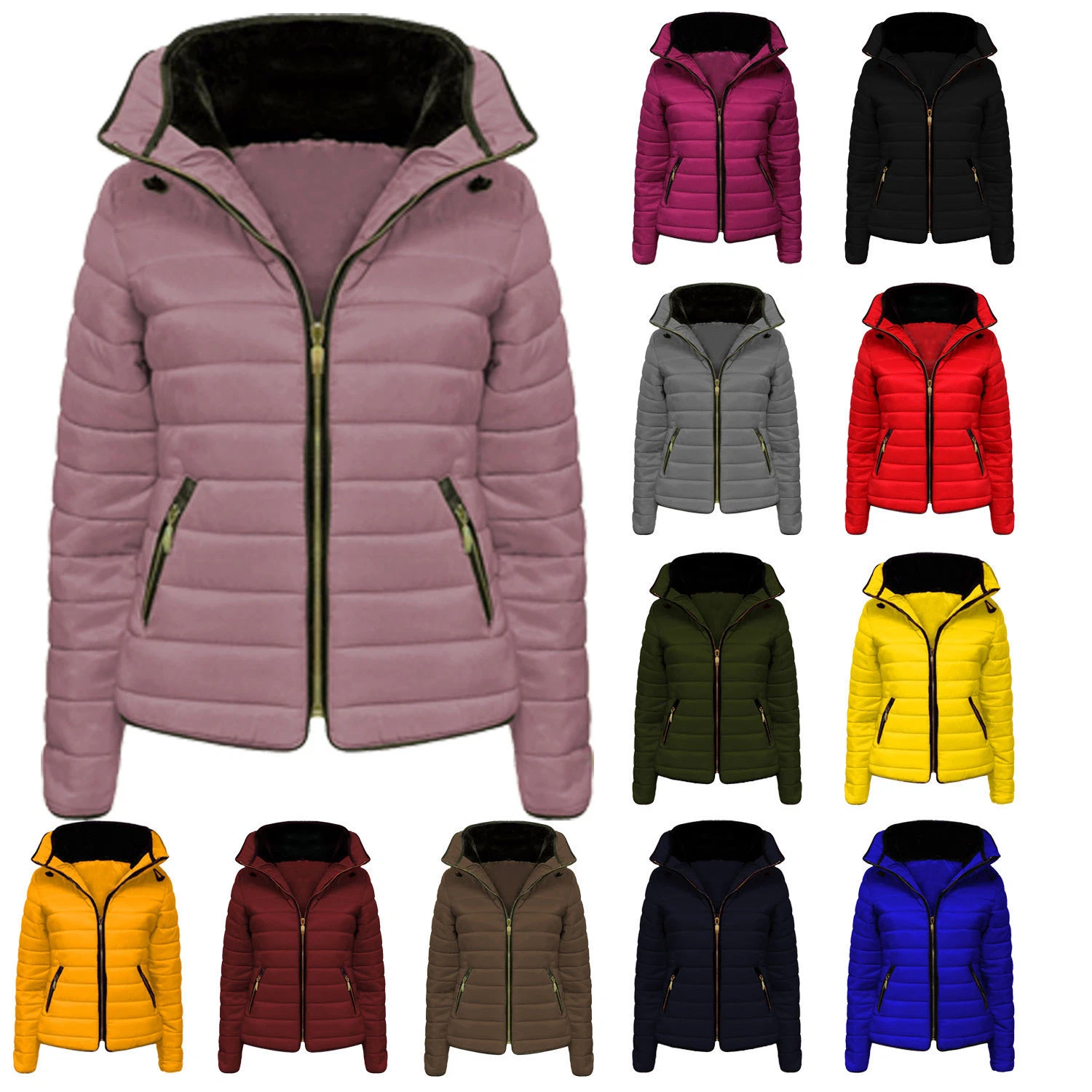 New Ladies Quilted Puffer Fur Collar Warm Padded Jacket 6-14