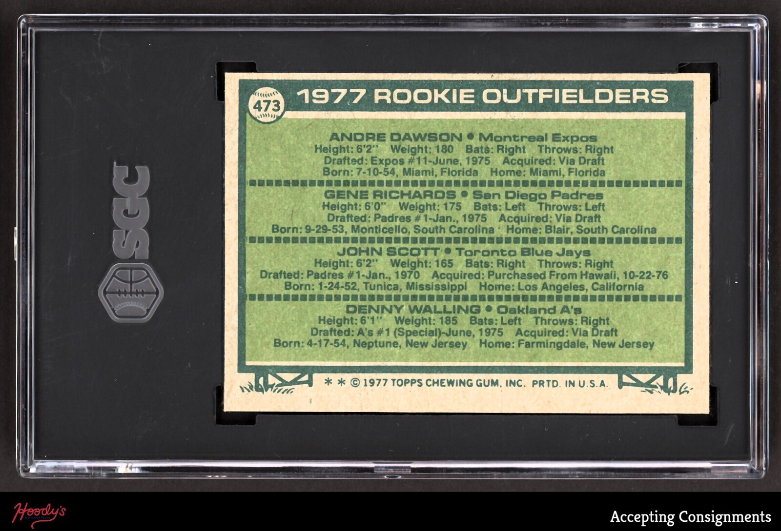 1977 Topps 473 Rookie Outfielders Andre Dawson RC Expos ROOKIE SGC 7