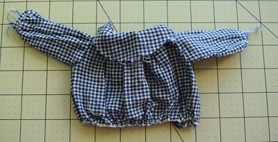 2851  Antique 1890-1900 Doll blouse, thread dyed woven blue/white check, very sm