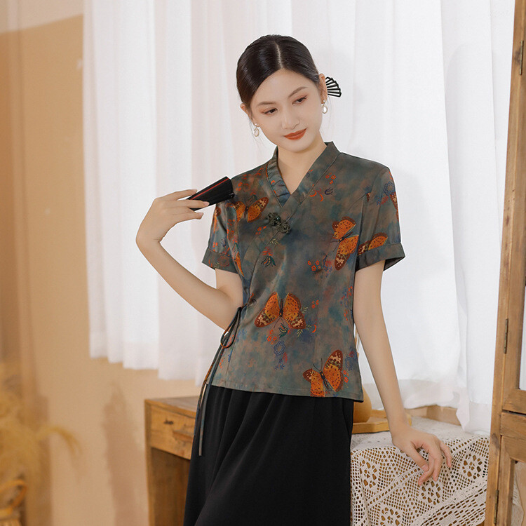 Women Spring Summer Shirt Chinese Traditional Silk Blouse V