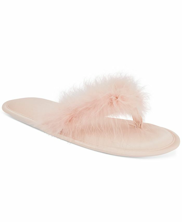 INC faux-marabou feathers women's thong slide slippers -NUDE/ PINK