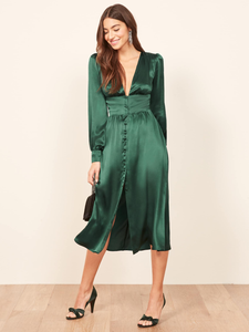 emerald green satin midi dress