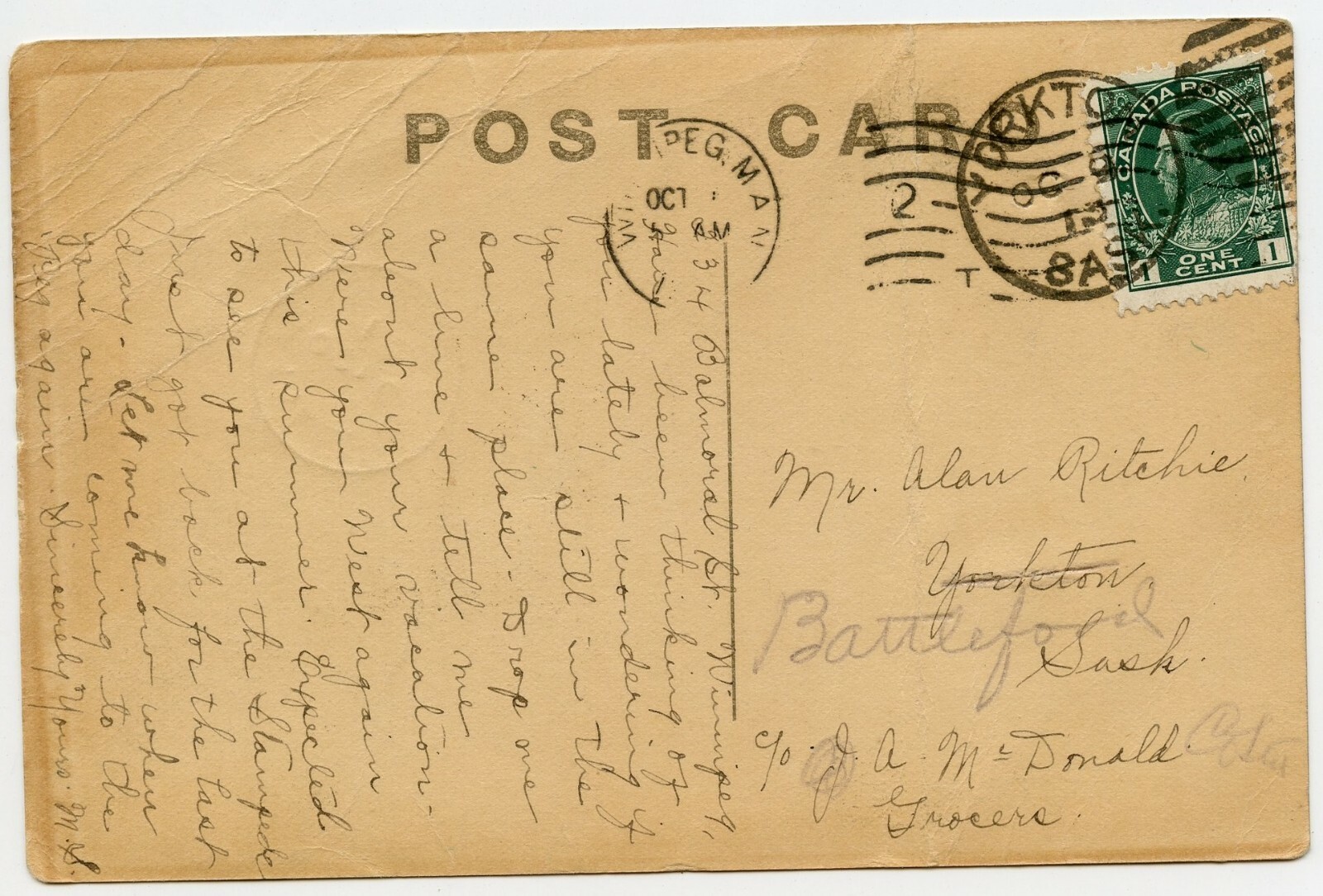 Winnipeg Vintage Postcard to Yorktown , to Battleford Saskatchewan 1913