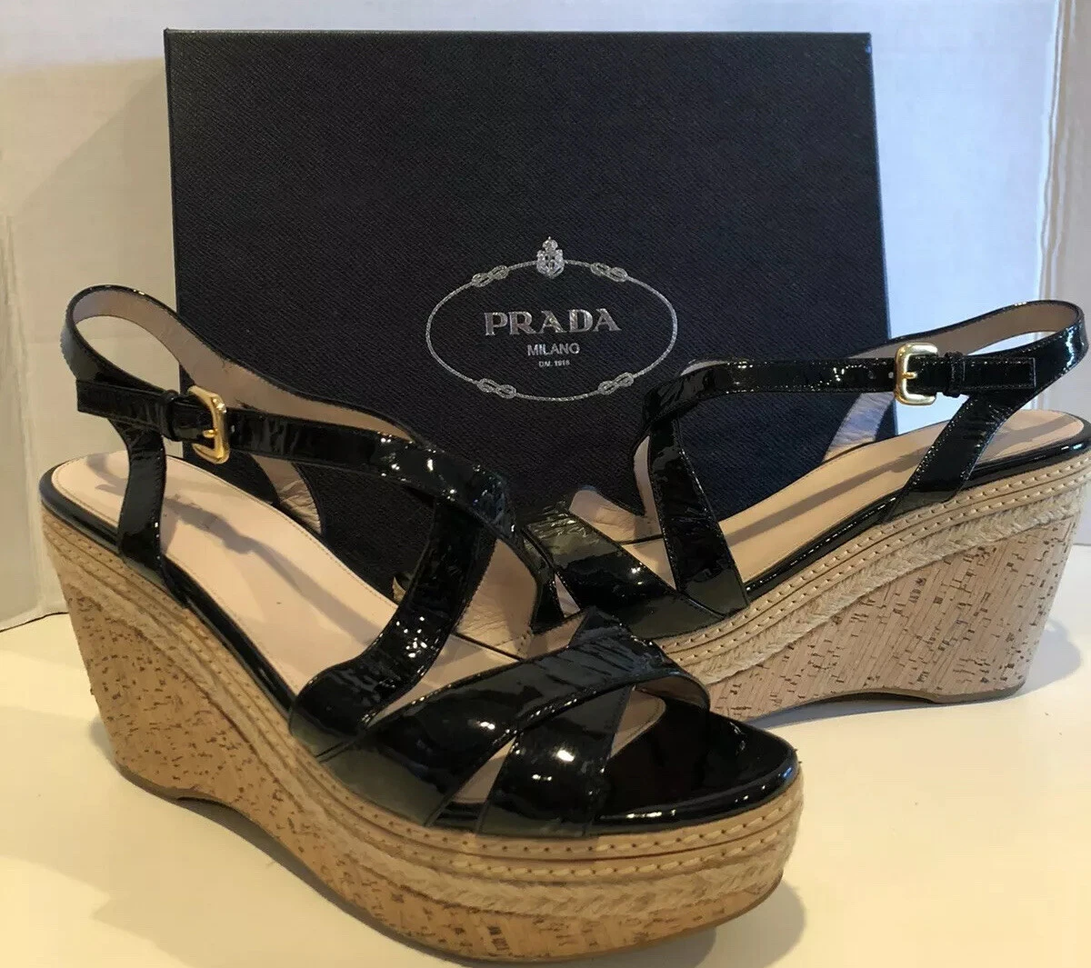 Prada Black Patent Leather Wedge Cork Sandals Womens Size 41 10.5