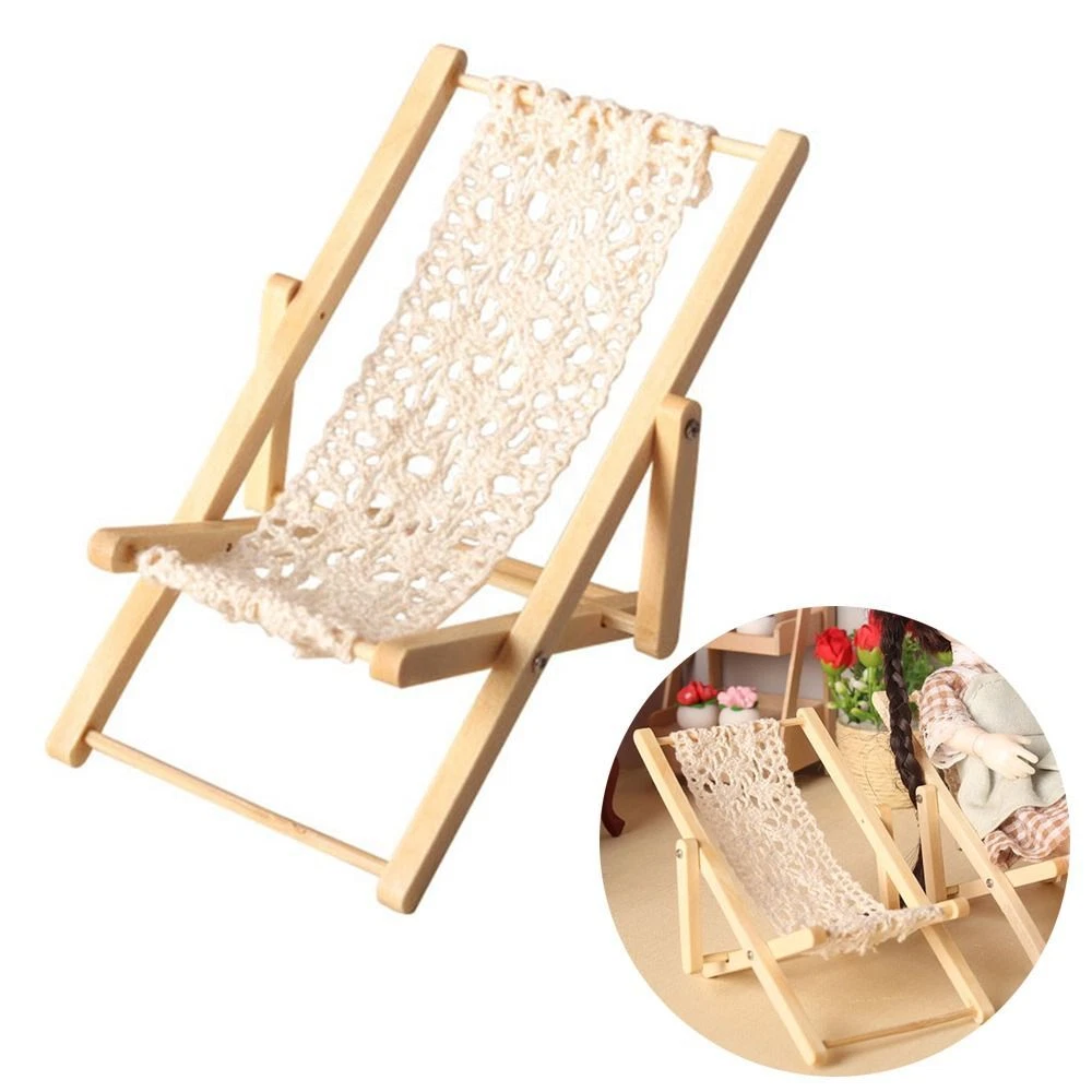 2PCS Wood Dollhouse Beach Chair Fairy Garden Mini Woven Chair
