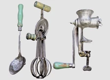 Vintage MERIT #90 Meat Grinder LADD Hand Whisk & Spoon with Green Wood Handles