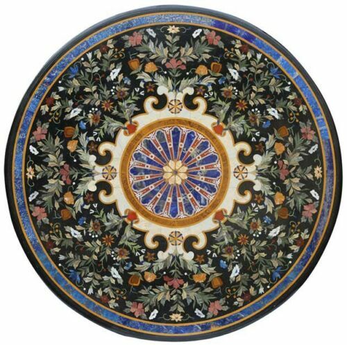 42-inch Handmade Marble Table Top with Semi-Precious Stone Pietra Dura Inlay Work
