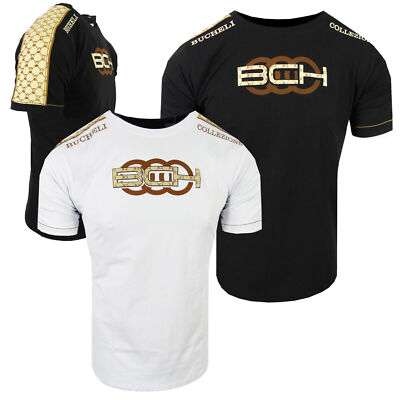Mens T-Shirt Bucheli Italian Shoulder Stripe 3-D Chest Logo Slim Fit Crew Neck